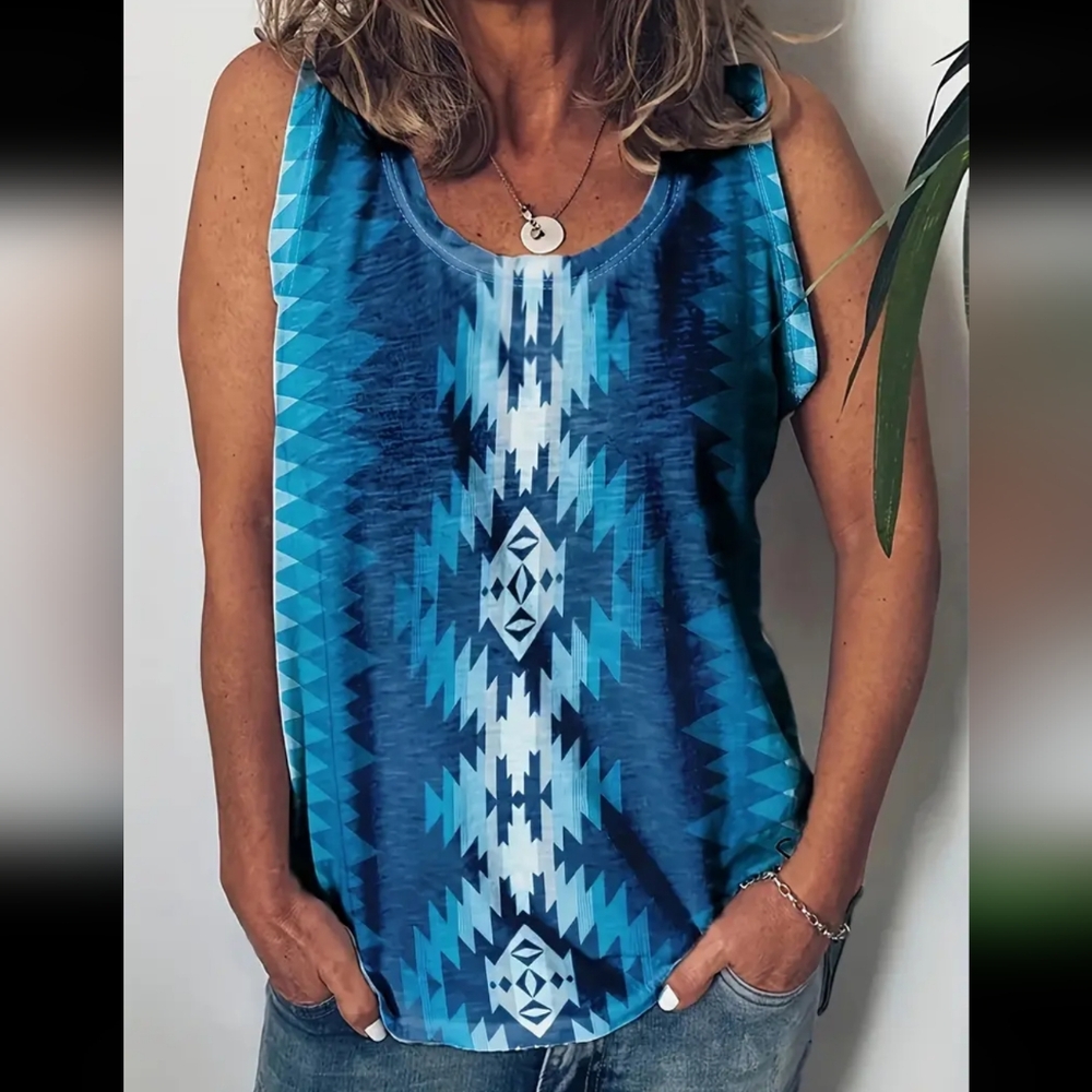 Women's blue/ teal Aztec native design tank top